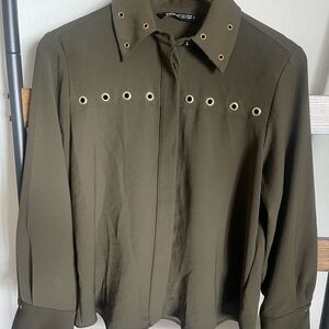 Zara Green button down blouse with Metal Grommets